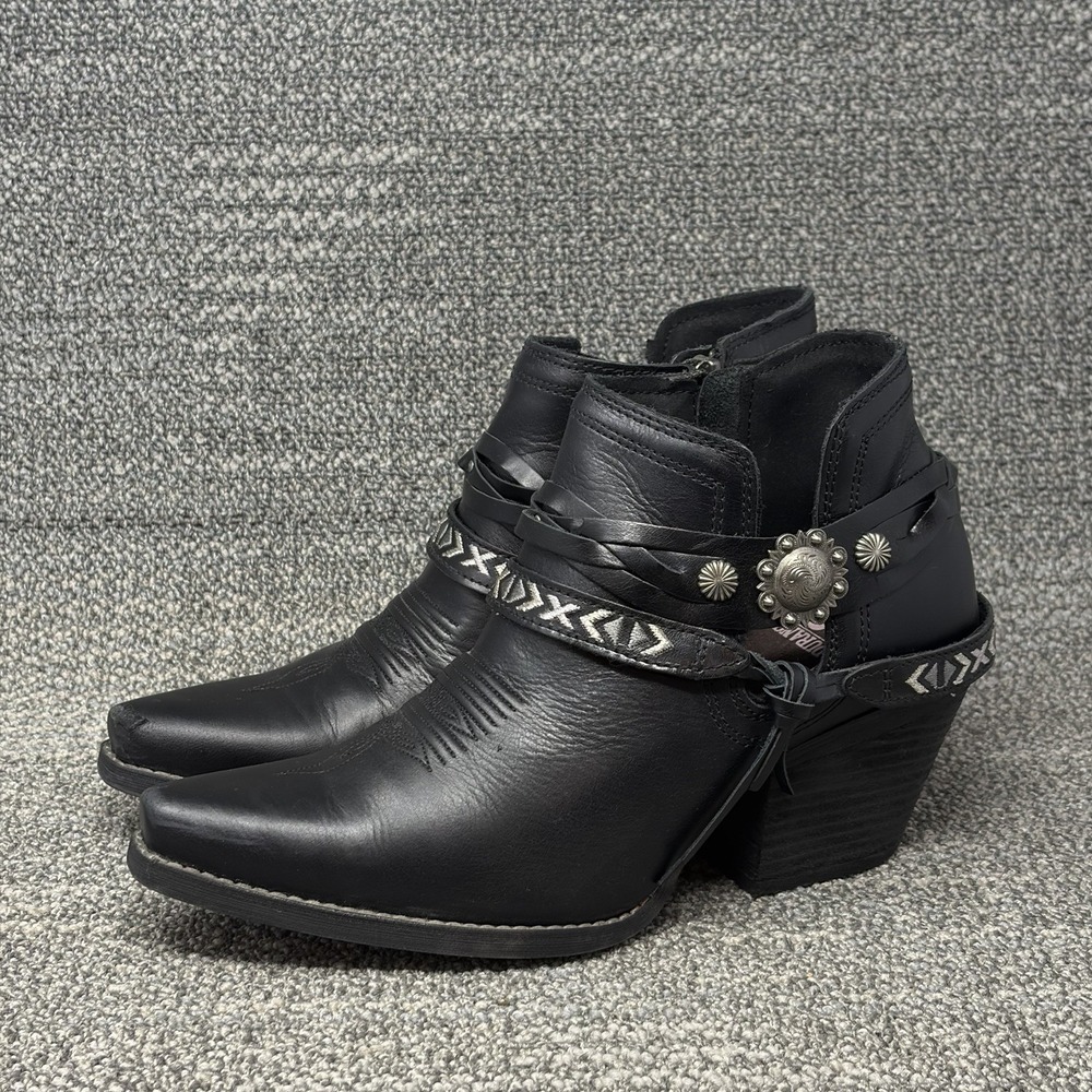 Durango Crush Women's 8 Black Leather Western Harness Concho Ankle Boots DRD0397
